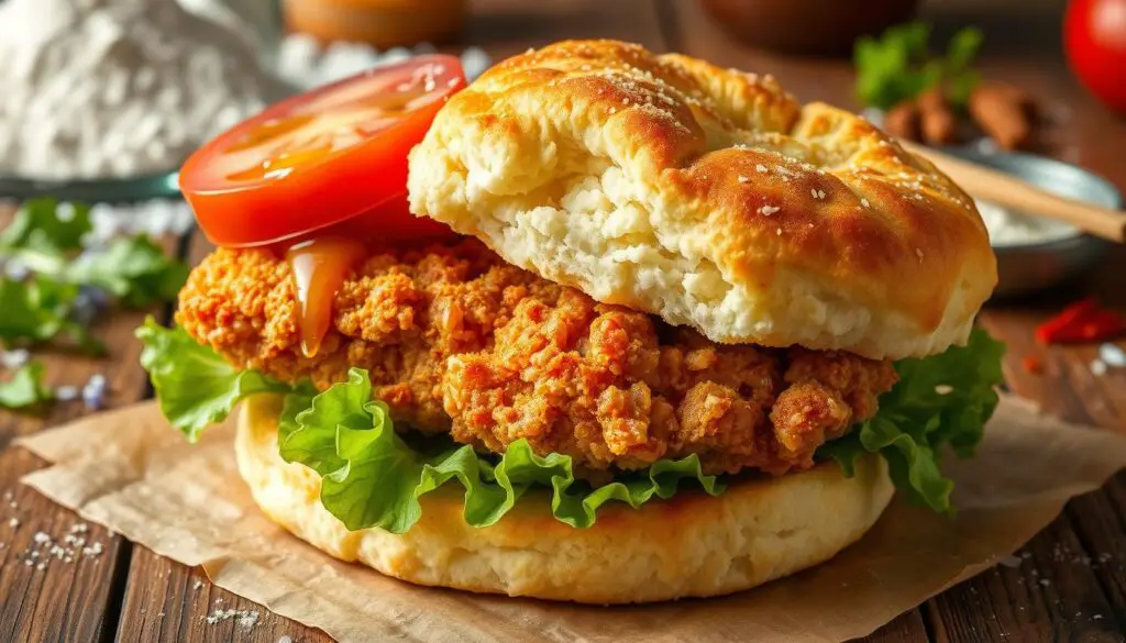 Chicken biscuit sandwich assembly