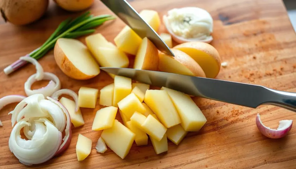 slicing potatoes and onions